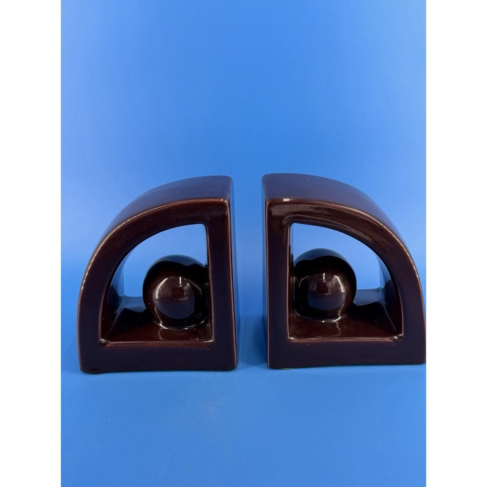 VTG Jaru Mid Century Modern Ceramic Dark Brown Metalic Glazed Geometric Bookends
